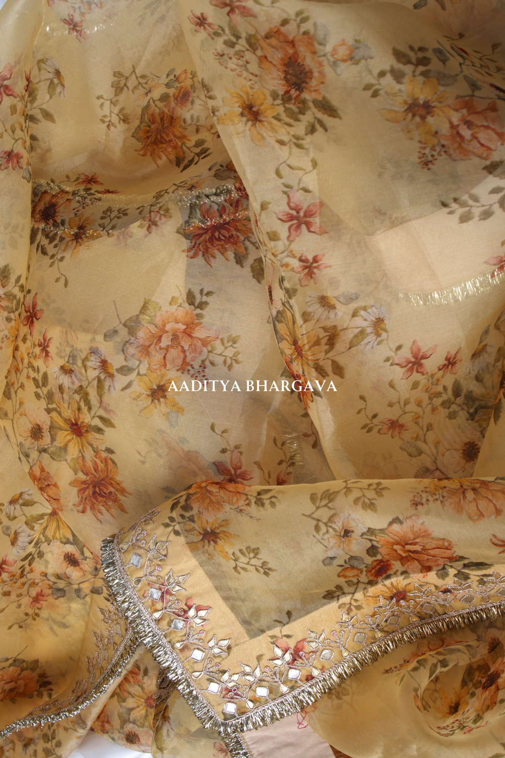 Elegant Mughal Chintz Printed Beige Saree - Aaditya Bhargava