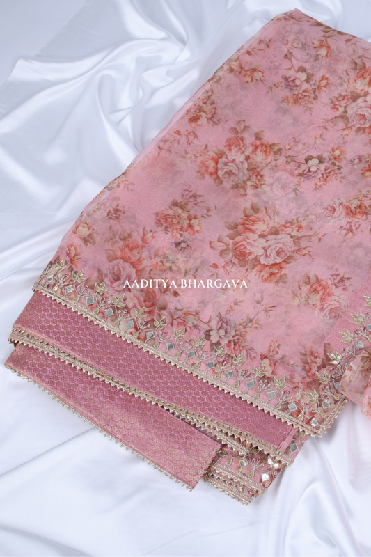 Floral Printed Salmon Pink Saree | Aaditya Bhargava