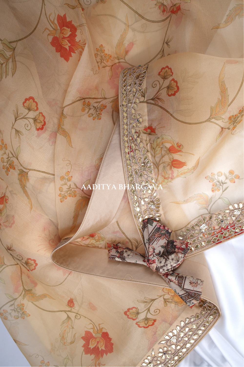 Elegant Mughal Chintz Printed Beige Saree - Aaditya Bhargava