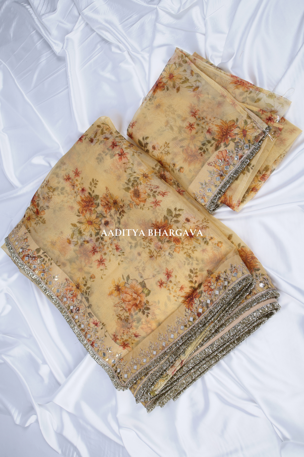 Elegant Mughal Chintz Printed Beige Saree - Aaditya Bhargava
