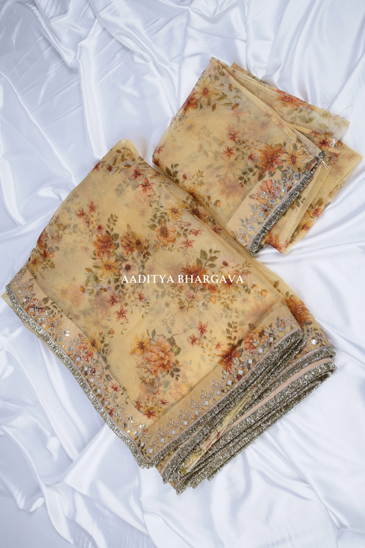 Floral Printed Butter Cream Saree - Elegant Design | Aaditya Bhargava