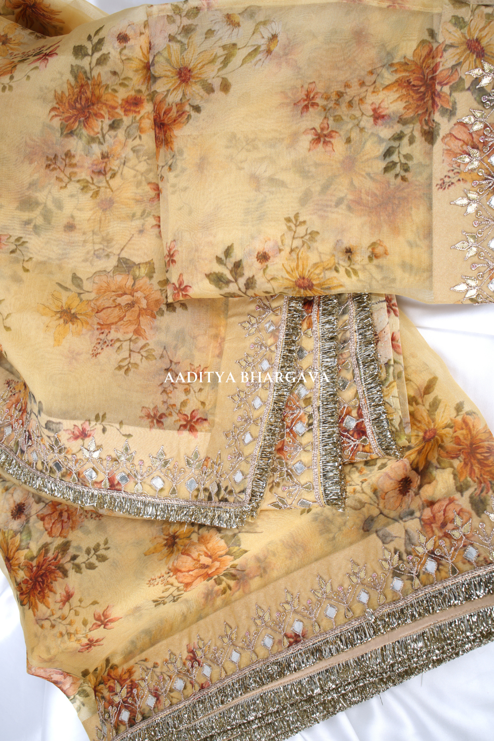 Elegant Mughal Chintz Printed Beige Saree - Aaditya Bhargava
