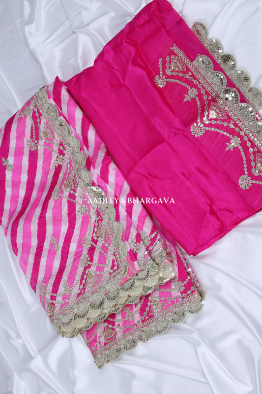 Pink Tussar Silk Hand-Dyed Leheriya Saree | Aaditya Bhargava