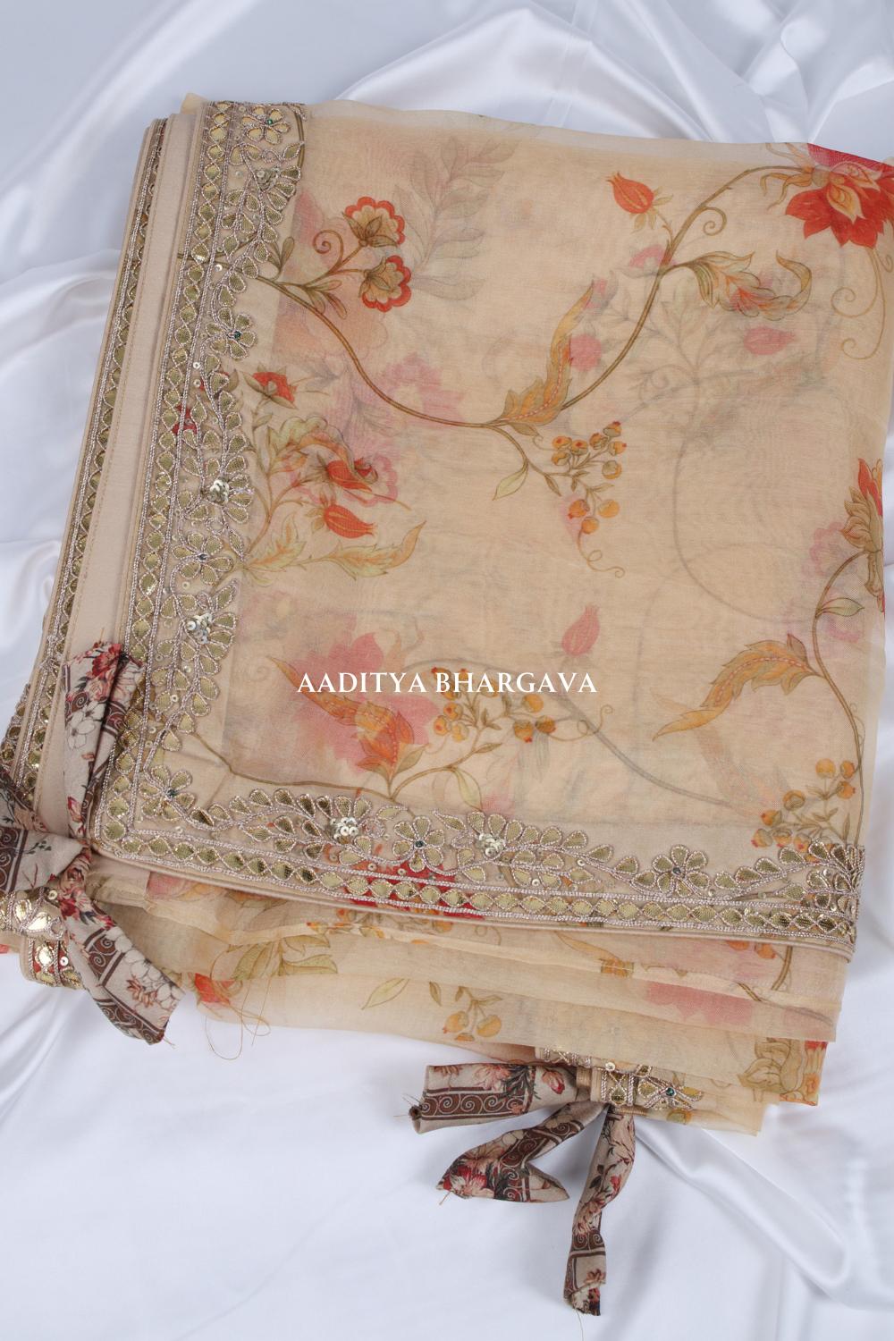 Elegant Mughal Chintz Printed Beige Saree - Aaditya Bhargava