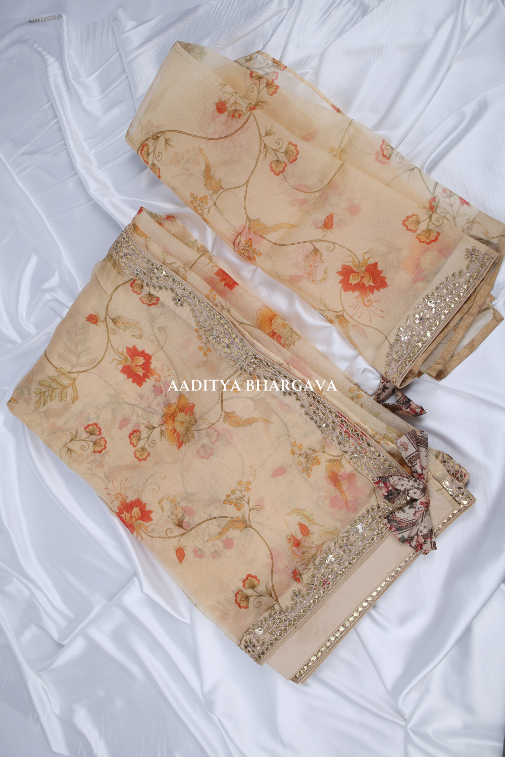 Elegant Mughal Chintz Printed Beige Saree - Aaditya Bhargava