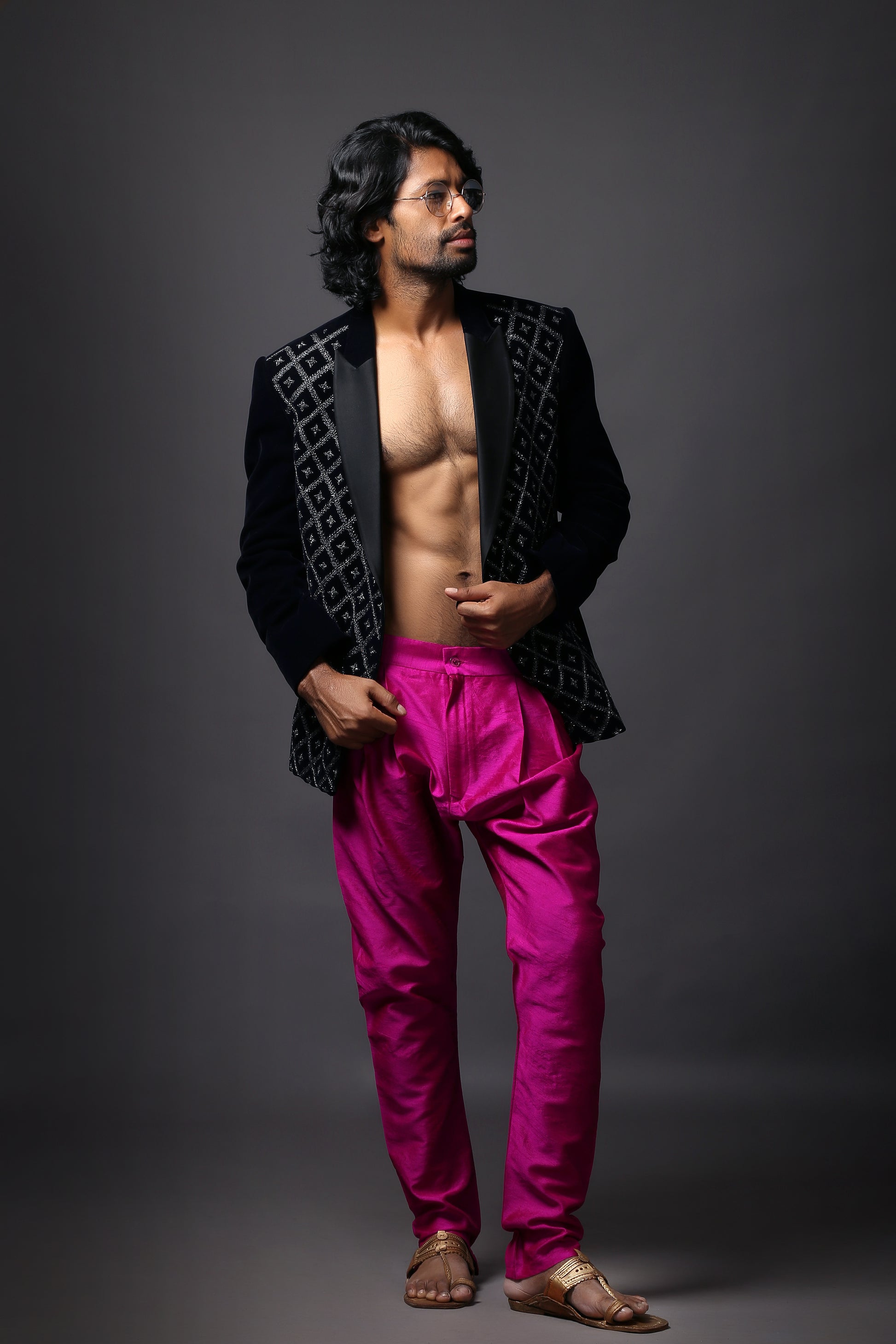 Midnight Blue Silk Velvet Embellished Tuxedo Blazer | Aaditya Bhargava