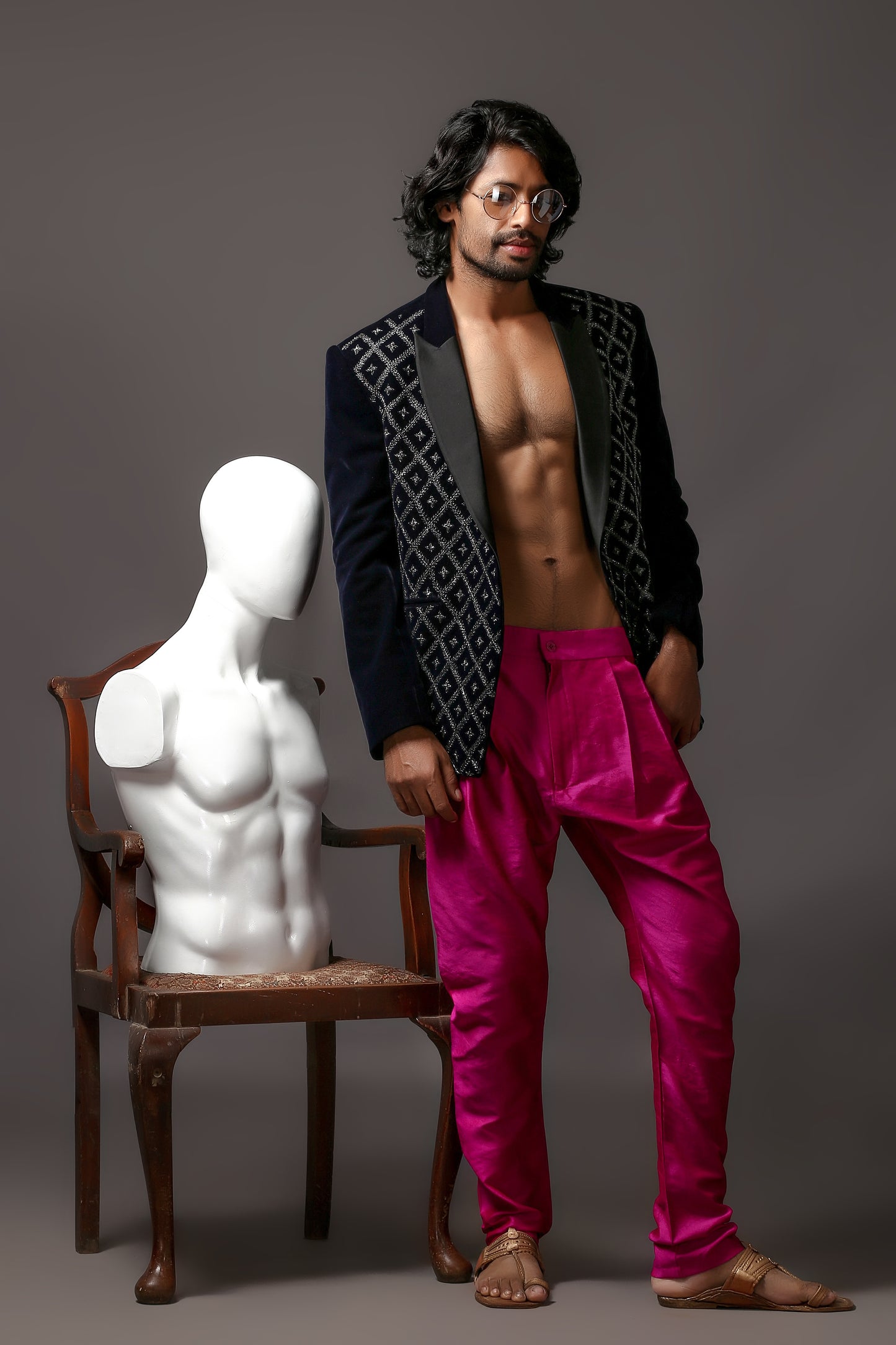 Midnight Blue Silk Velvet Embellished Tuxedo Blazer | Aaditya Bhargava