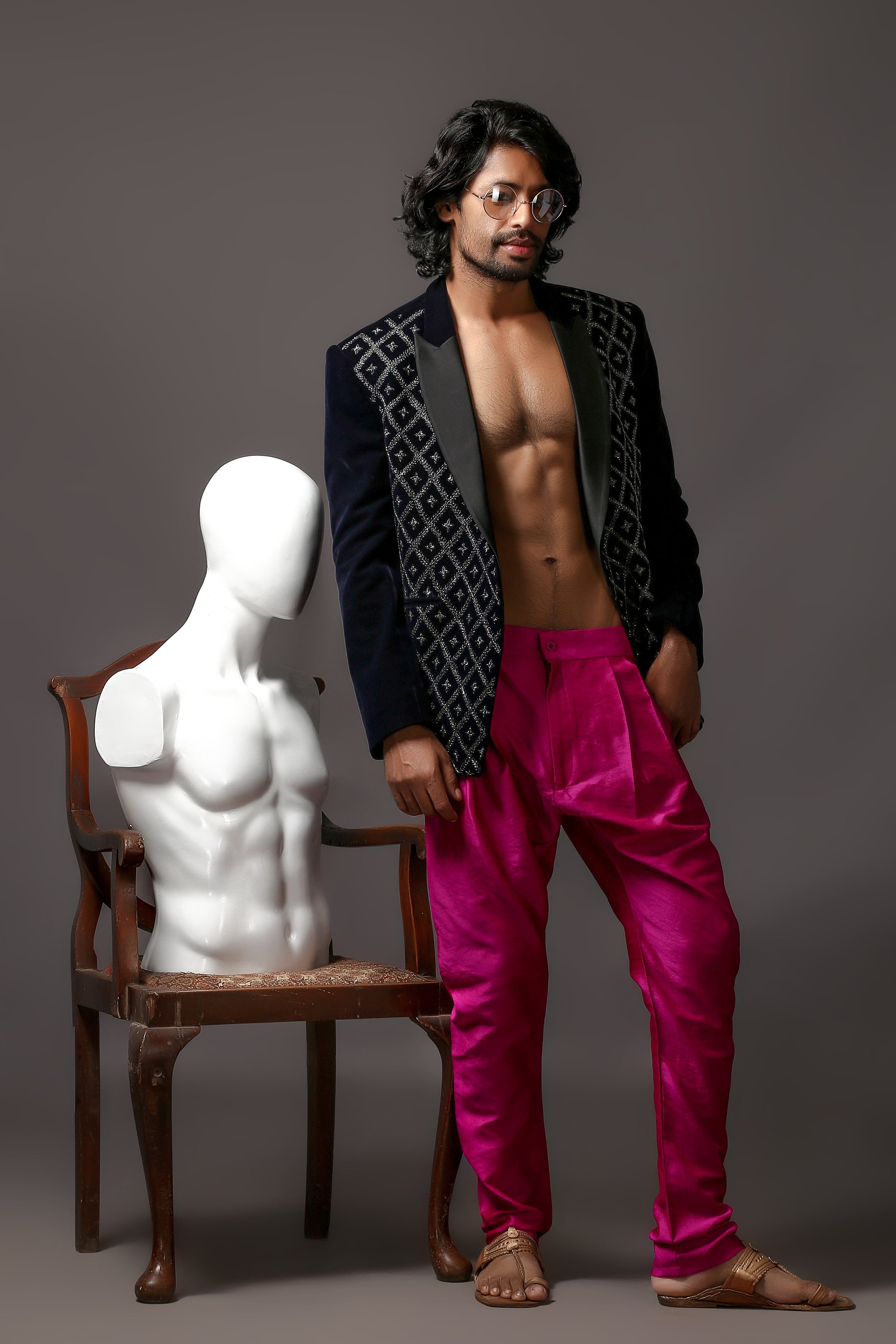 Midnight Blue Silk Velvet Embellished Tuxedo Blazer | Aaditya Bhargava